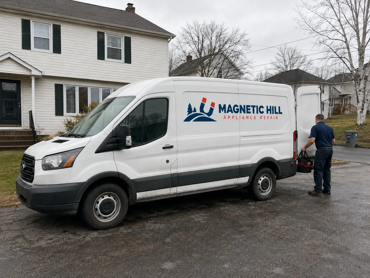 Magnetic Hill technician beside the service van in a Moncton driveway